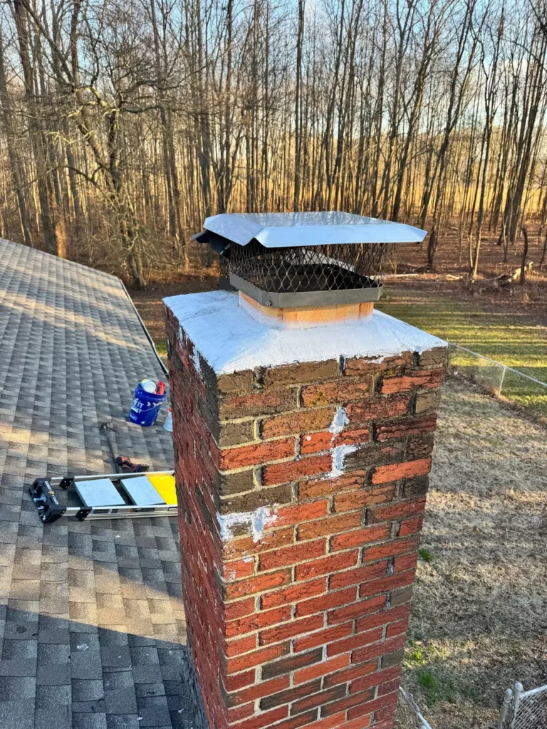 Chimney crown and metal cap above a brick chimney in Carneys Point