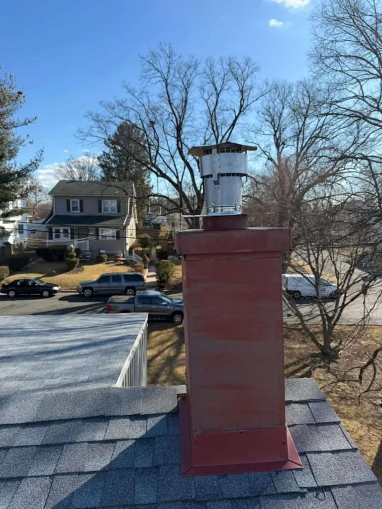 Metal liner termination above a red chimney enclosure in Flemington
