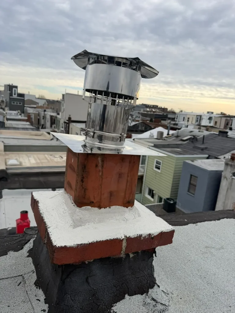 Metal chimney liner termination and cap above a clay flue in Gloucester Township