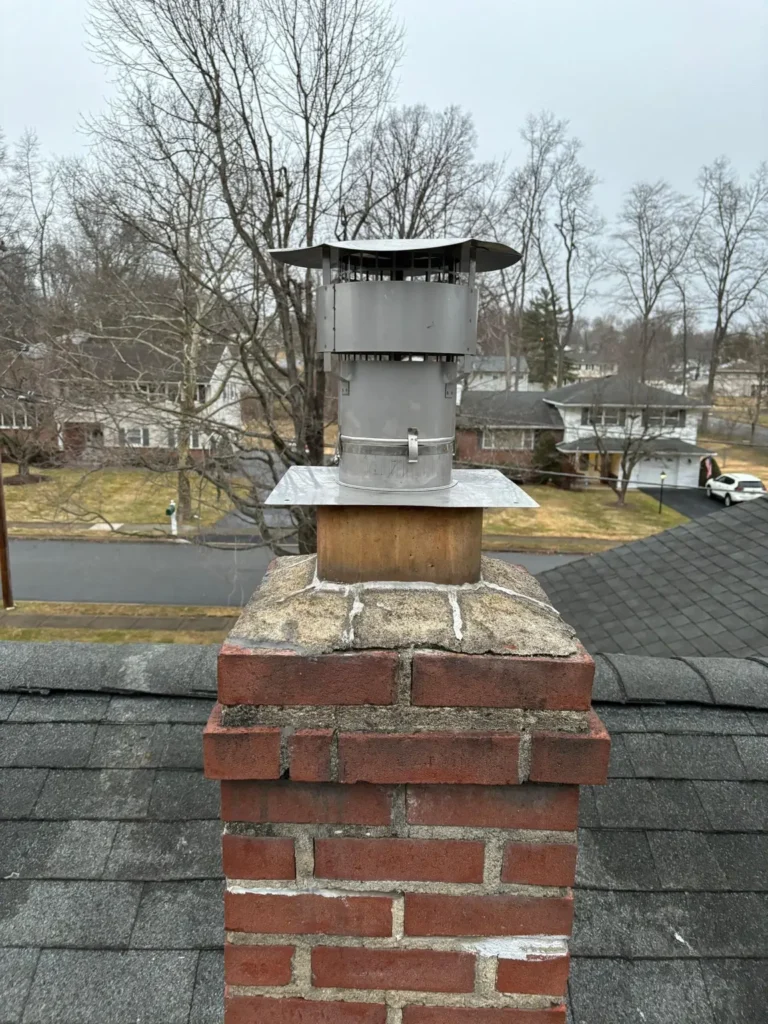 Metal chimney liner termination and cap above a brick chimney in Parsippany-Troy Hills
