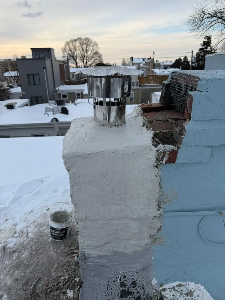 Side view of the chimney exterior and rooftop termination in Woodbridge Township
